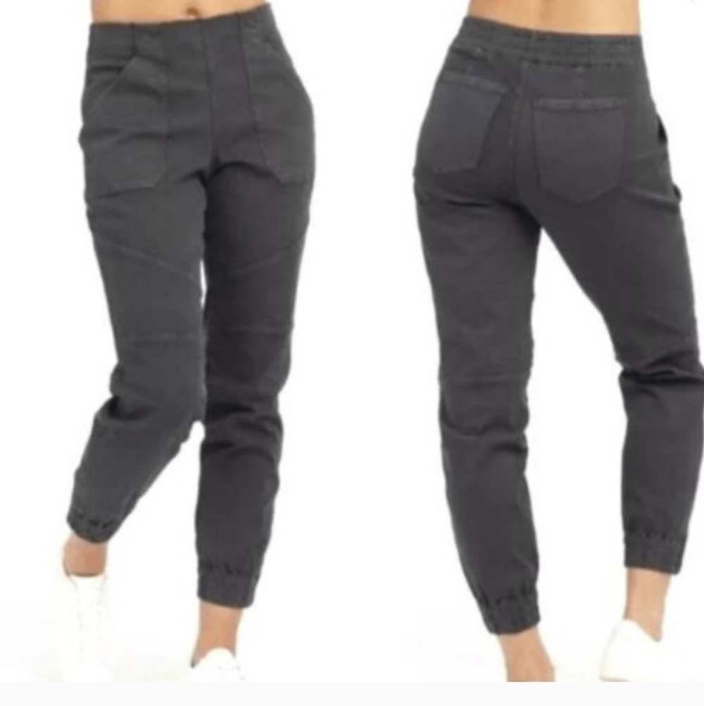 Medium Spanx Stretch Twill Cargo Joggers Gray Elastic Waist Ankle Zip Pants